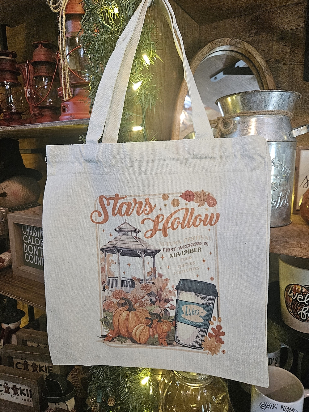 Stars Hollow Autumn Festival Canvas Tote - Pumpkin & Coffee Graphic